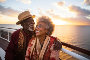 Beautiful retired senior couple enjoying cruise vacation. Senior man and woman having fun on a cruise ship. Old man and old lady travelling by sea. - Powered by Adobe