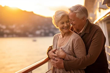 Fototapete Schiff Beautiful retired senior couple enjoying cruise vacation. Senior man and woman having fun on a cruise ship. Old man and old lady travelling by sea.