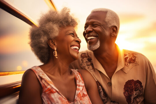 Beautiful retired senior couple enjoying cruise vacation. Senior man and woman having fun on a cruise ship. Old man and old lady travelling by sea.
