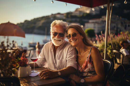 Senior couple in love sitting in outddor cafe talking and having fun. Happy retirement couple relaxing at outdoor restaurant in Italian seaside town.