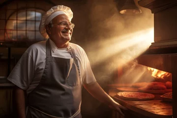Plexiglas foto achterwand Elderly owner baking fresh pizza in his pizzeria. Elderly pizzaiolo making a pizza at the bakery on sunny day. © MNStudio