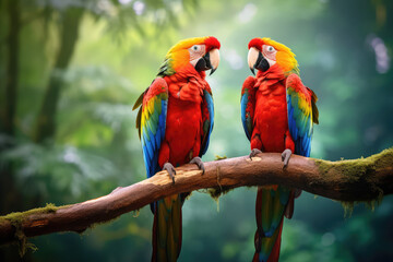 Two parrots sitting on a tree branch in natural environment, rainforest jungle