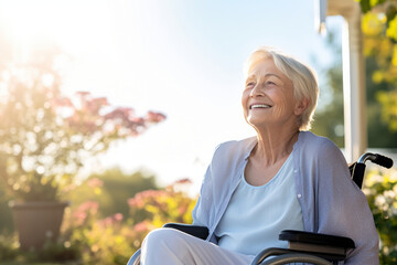 Cheerful old woman in a retirement home. Senior lady in a wheelchair laughing happily in a nursing home. Housing facility intended for the elderly people.