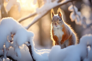 Fototapeta premium Cute red squirrel in the falling snow. Forest animals in winter.