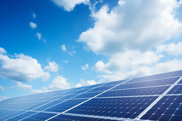 Solar panels under blue sky with white clouds. Solar energy producing with photovoltaic cells.