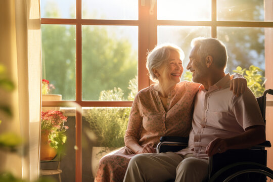 Beautiful loving couple in a retirement home. Senior man in a wheelchair laughing happily with a senior lady in a nursing home. Housing facility intended for the elderly people.