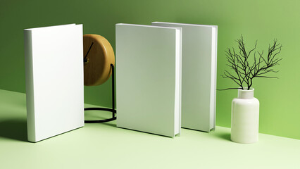 Blank book cover Mockup on light green background to replace your design. Photorealistic 3D Rendering High Resolution