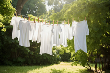 White clothes laundry hanging on the clothline in the garden on bright and sunny summer day.