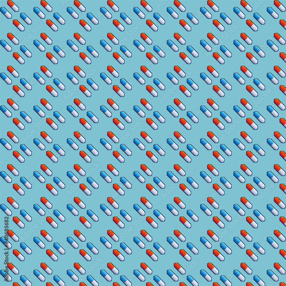 Poster pixel art background pattern loop of red and blue pill medicine on pixelated style.pixel art,8bits p