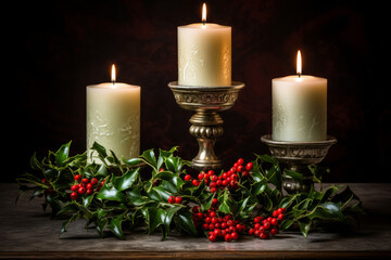 Christmas festive composition with candles and holly berry plants. Celebrating New Year.