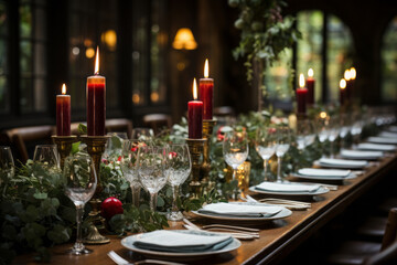 Christmas festive table setting with candles and holly berry plants. Celebrating New Year. - Powered by Adobe