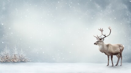 Christmas reindeer isolated on snowy white background with space for copy text - obrazy, fototapety, plakaty