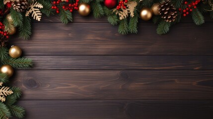 Christmas garland and decorations isolated on wood background with space for copy text
