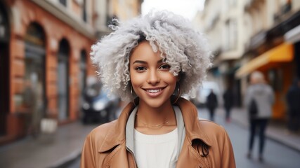 Young mixed woman with afro hairstyle smiling in urban background. - obrazy, fototapety, plakaty
