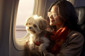 Young woman holding a small dog on her lap while sitting by airplane window. Travelling with pets in the cabin.