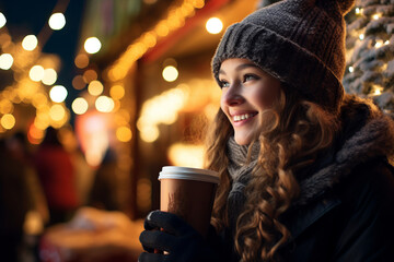 Beautiful girl having wonderful time on traditional Christmas market on winter evening. Young woman enjoying herself in Christmas town decorated with lights.
