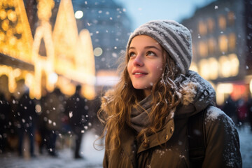 Naklejka premium Beautiful girl having wonderful time on traditional Christmas market on winter evening. Young woman enjoying herself in Christmas town decorated with lights.