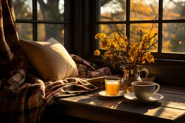 Fototapeten Cozy warm autumn composition with cup of hot tea, burning candle, open book and pumpkins on wooden background. Autumn home decor. Fall mood. Thanksgiving. Halloween. © MNStudio