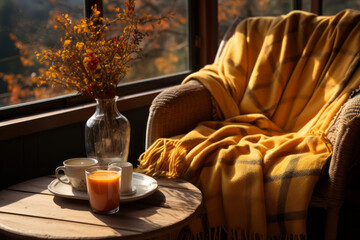 Cozy warm autumn composition with cup of hot tea, burning candle, open book and pumpkins on wooden background. Autumn home decor. Fall mood. Thanksgiving. Halloween. - obrazy, fototapety, plakaty