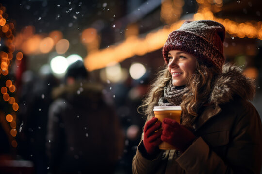 Beautiful girl having wonderful time on traditional Christmas market on winter evening. Young woman enjoying herself in Christmas town decorated with lights.