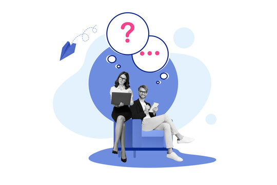 Poster collage sketch of two people sit armchair office remote work typing answer communicate customers isolated on drawing background