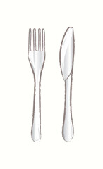 One fork and knife in simple cartoon illustration