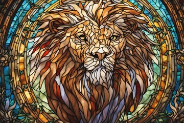 stained glass window with a lion