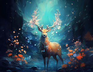 the deer and flowers, in the style of luminosity of water,