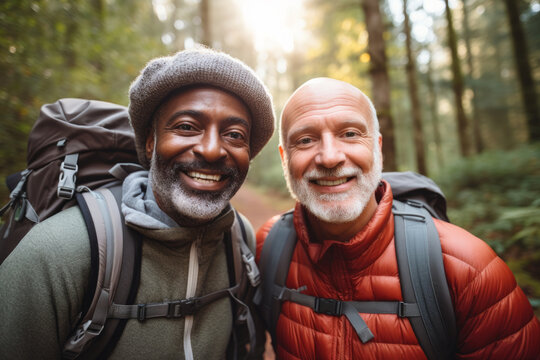 Cheerful interracial gay couple hiking in the wild on sunny autumn day. Two men admiring a scenic view. Adventurous people with backpacks. Hiking and trekking on a nature trail.