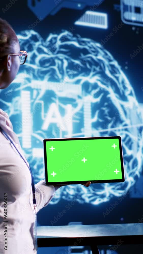 Poster vertical video tech savvy admin in data center with mockup tablet using artificial intelligence comp