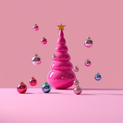 This cartoon-style image captures the joy of a new year with its festive pink christmas tree adorned with colorful ornaments, ready to bring happiness and cheer into 2024