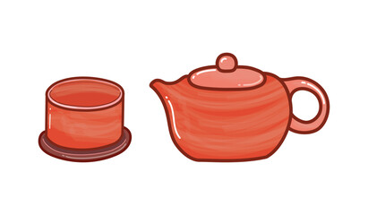 Tea pot and cup made of ceramic in kitchenware illustration