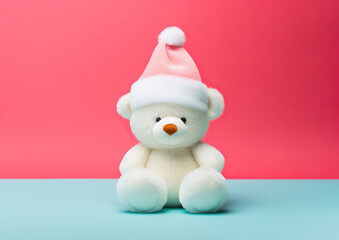Fototapeta na wymiar A cuddly white teddy bear wearing a festive santa hat stands as a cheerful reminder of childhood innocence and the joys of wintertime indoors