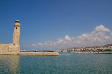 Harbor and historic lighthouse of Rethymno, Crete, Greece