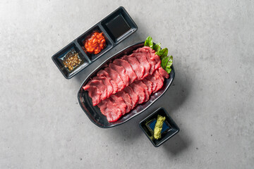 Korean food dish Beef tartare, beef sashimi, meat pancake, beef tartare bibimbap, Korean beef