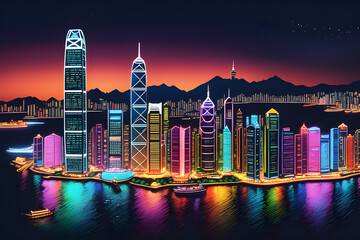 colorful hong kong night view. Generative AI. - obrazy, fototapety, plakaty