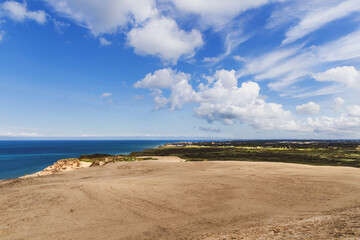 Sand dunes and seascape next to Rubjerg Knude Lighthouse.