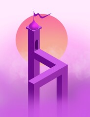 3d render of a symbol made from many spheres. Concept of a location for a game with a castle