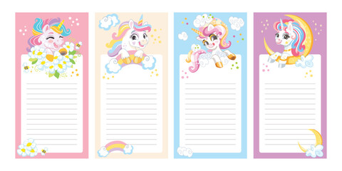 Cute set of happy unicorns note pages vector