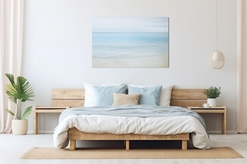 Modern nautical bedroom interior. Wooden double bed with pillows. Abstract light blue wall art on a white wall.