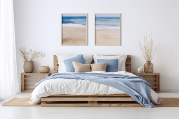 Modern nautical bedroom interior. Wooden double bed with pillows, cozy furniture. Abstract light blue sea landscape wall art set of 2 prints on a white wall.