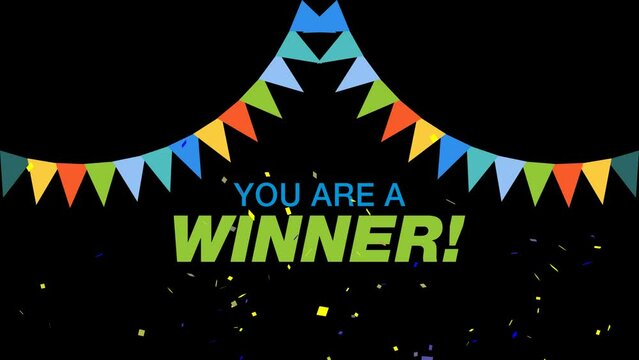 You are a winner. winning celebration animated video. confetti blas and colorful flags decoration. transparent background. 