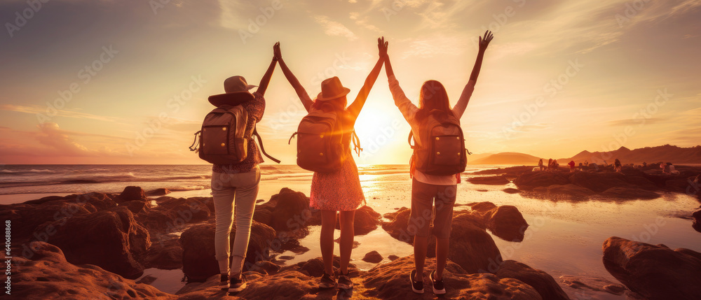 Wall mural Happy Female Traveler With Backpack And Hands Up 