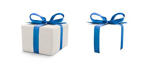 A side view of a wrapped Christmas present with a blue bow made from ribbon isolated against a transparent background with spare ribbon to the right.