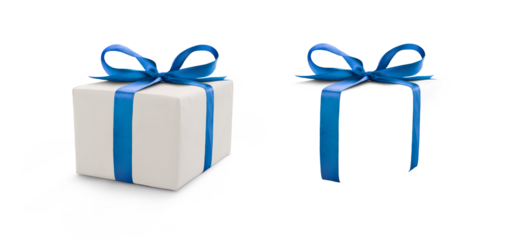 A side view of a wrapped Christmas present with a blue bow made from ribbon isolated against a transparent background with spare ribbon to the right.