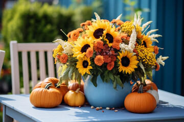 Naklejka na ściany i meble Orange pumpkin and sunflowers bouquet in the blue vase on the table. Farmhouse autumn centerpiece on blurred outdoor background. Cottagecore aesthetic.