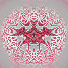 exploding bright and pale pinky red design on a grey background with central cross motif