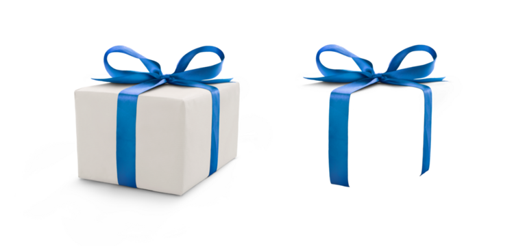 A side view of a wrapped Christmas present with a blue bow made from ribbon isolated against a transparent background with spare ribbon to the right.