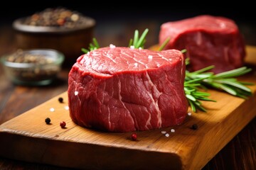 Raw Organic Beef Fillet Mignon over a wooden counter