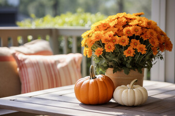 Pumpkins near yellow flowers bouquet on a table. Farmhouse autumn centerpiece on blurred background. Cottagecore aesthetic.